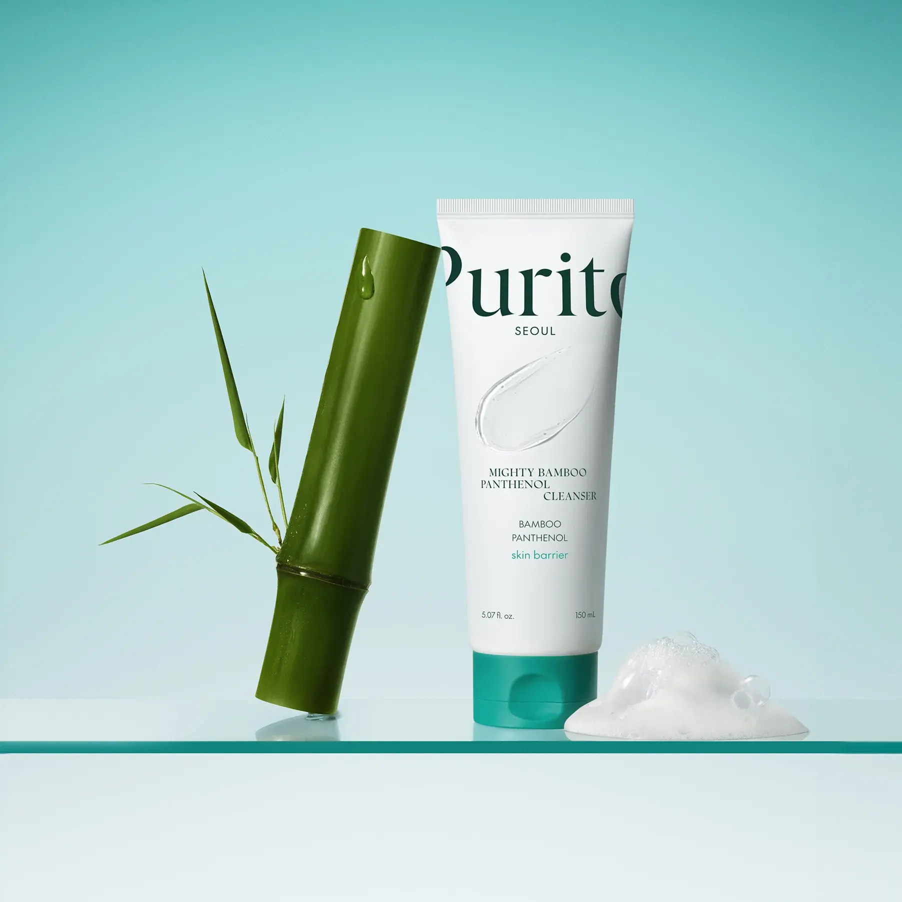 Purito Bamboo Comfort Cleanser beside fresh bamboo